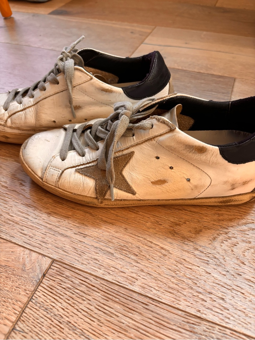 Golden Goose White Leather Sneakers with Gray Star and Black Heel